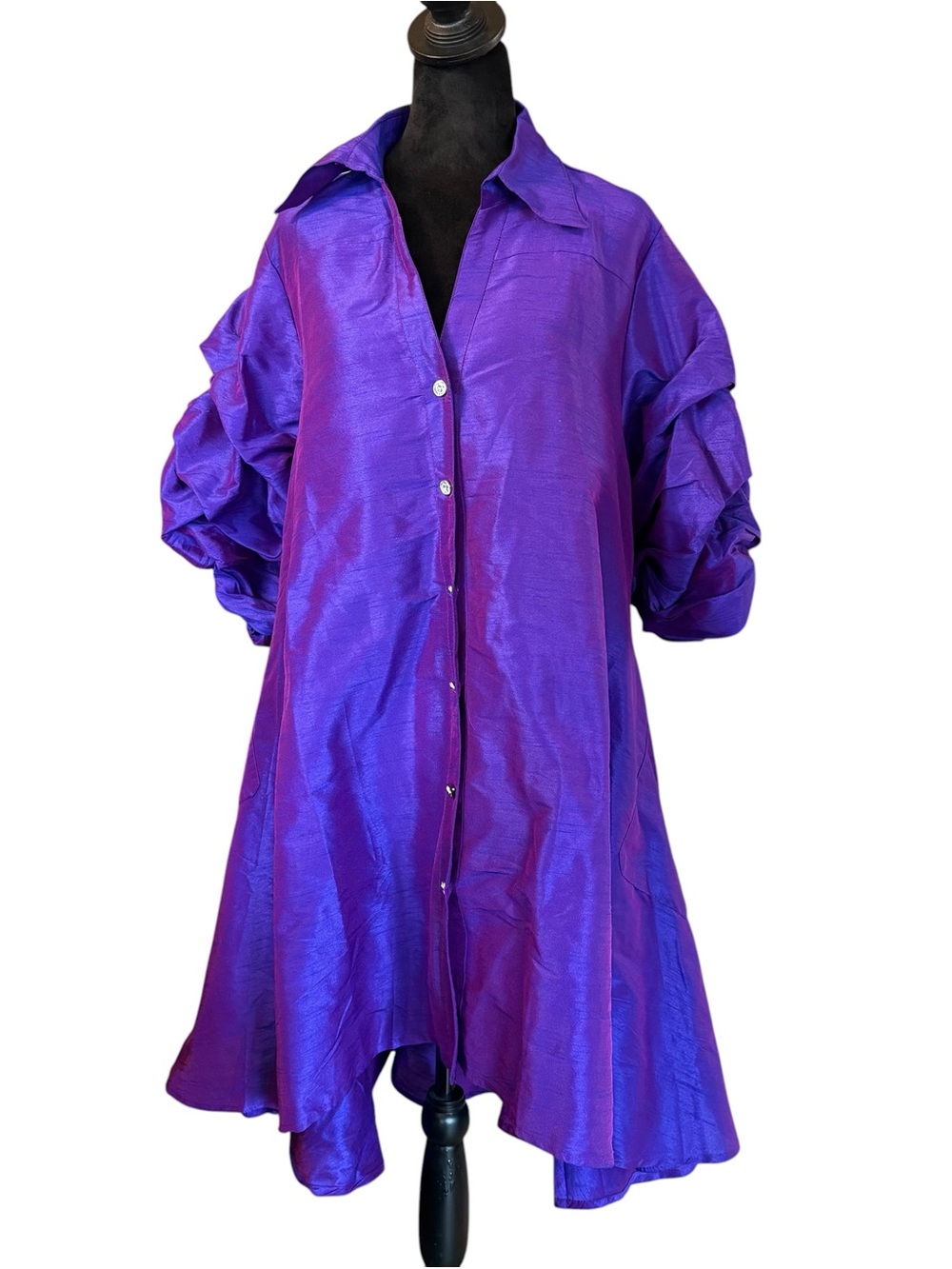 Step In Style Purple Iridescent Button Front Faux Silk Swing Dress Ruffle Sleeve